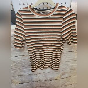 Forever 21 Striped Short Sleeve Top - Black, White, Brown